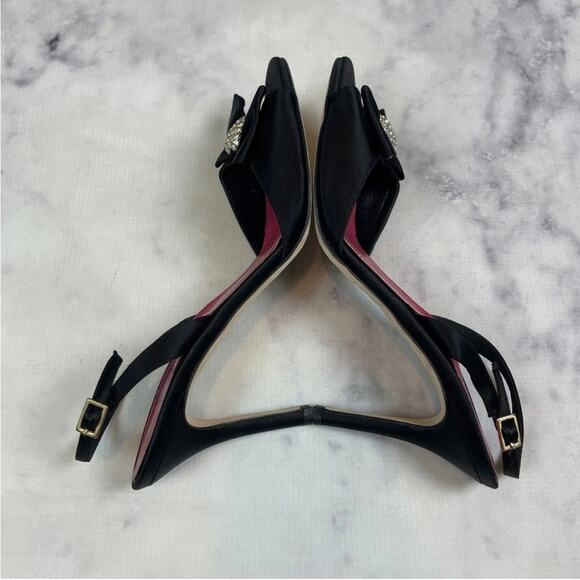 Kate Spade Happily Black Satin Slingback Heels Rhinestone Bow Evening Shoes - Picture 7 of 9